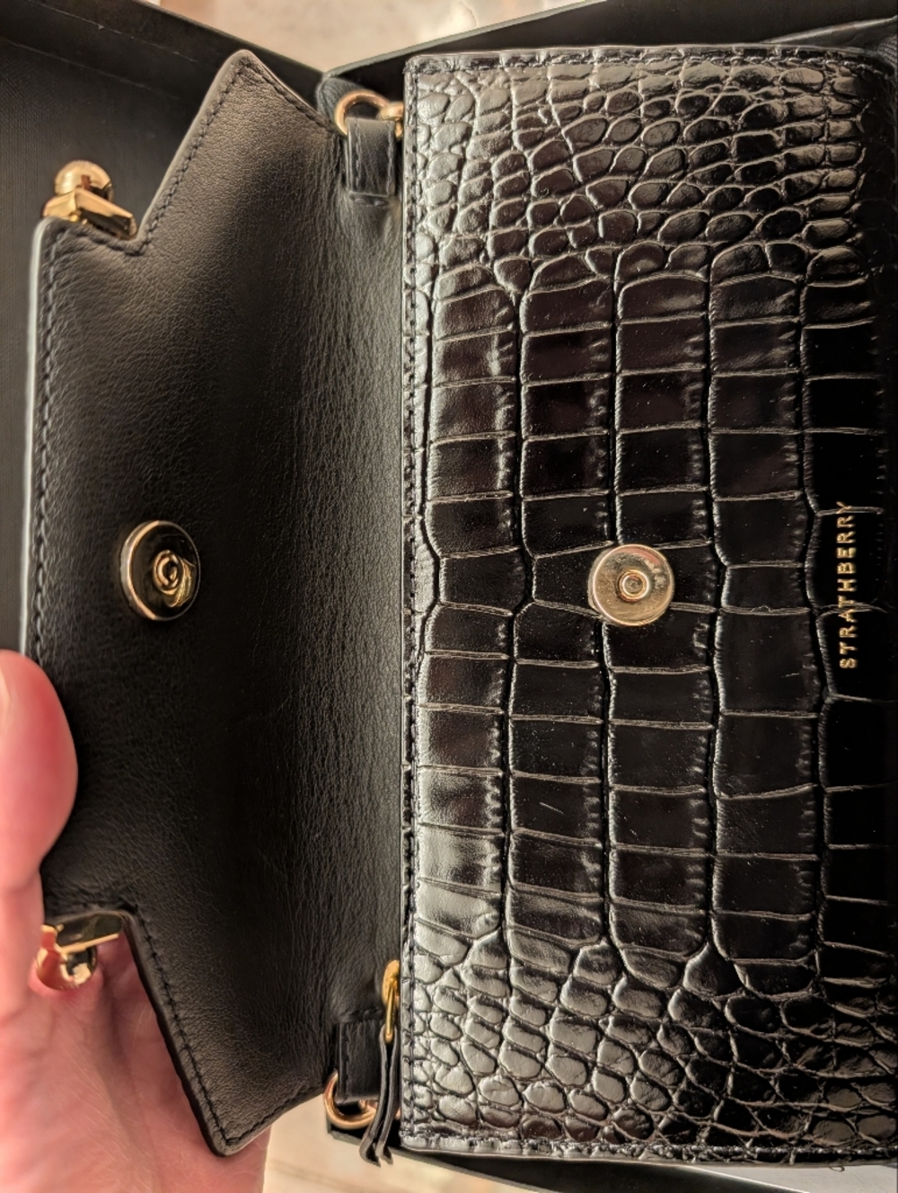 Strathberry Multrees Wallet On A Chain Black Croc Embossed - Picture 10 of 10
